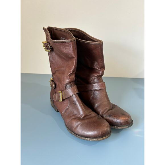 Steve Madden Engage leather moto style boots size 8.5 distressed brown buckles - Picture 1 of 8